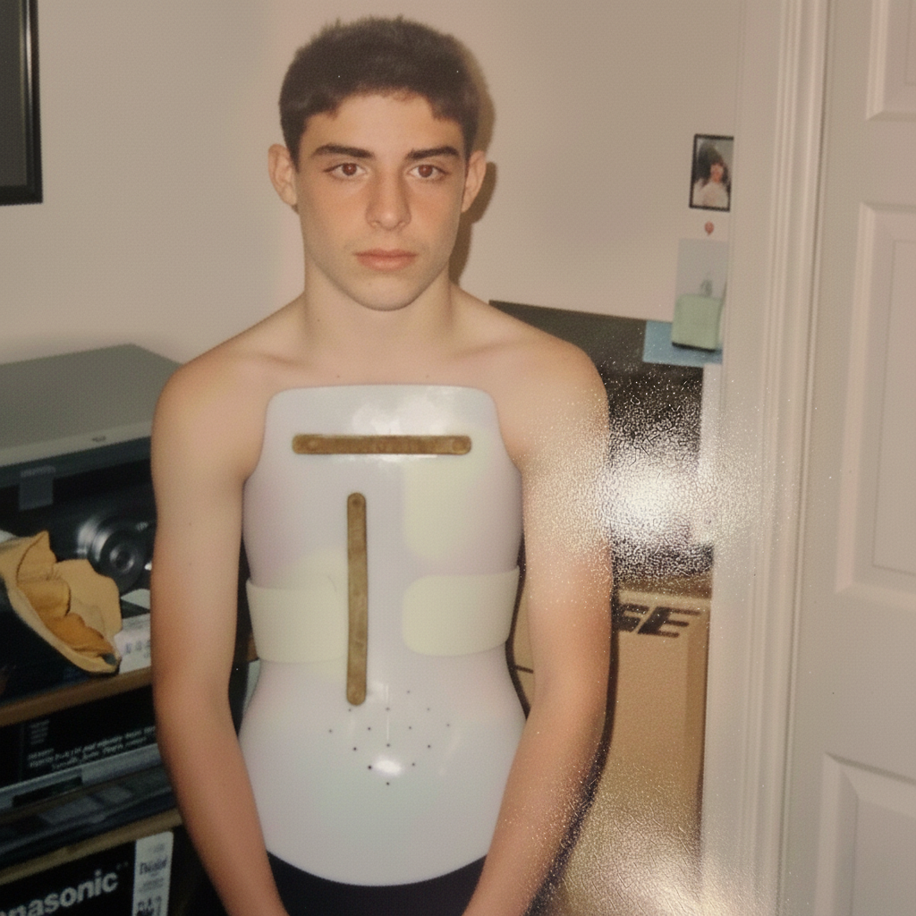 Adam as a teenager wearing his scoliosis back brace