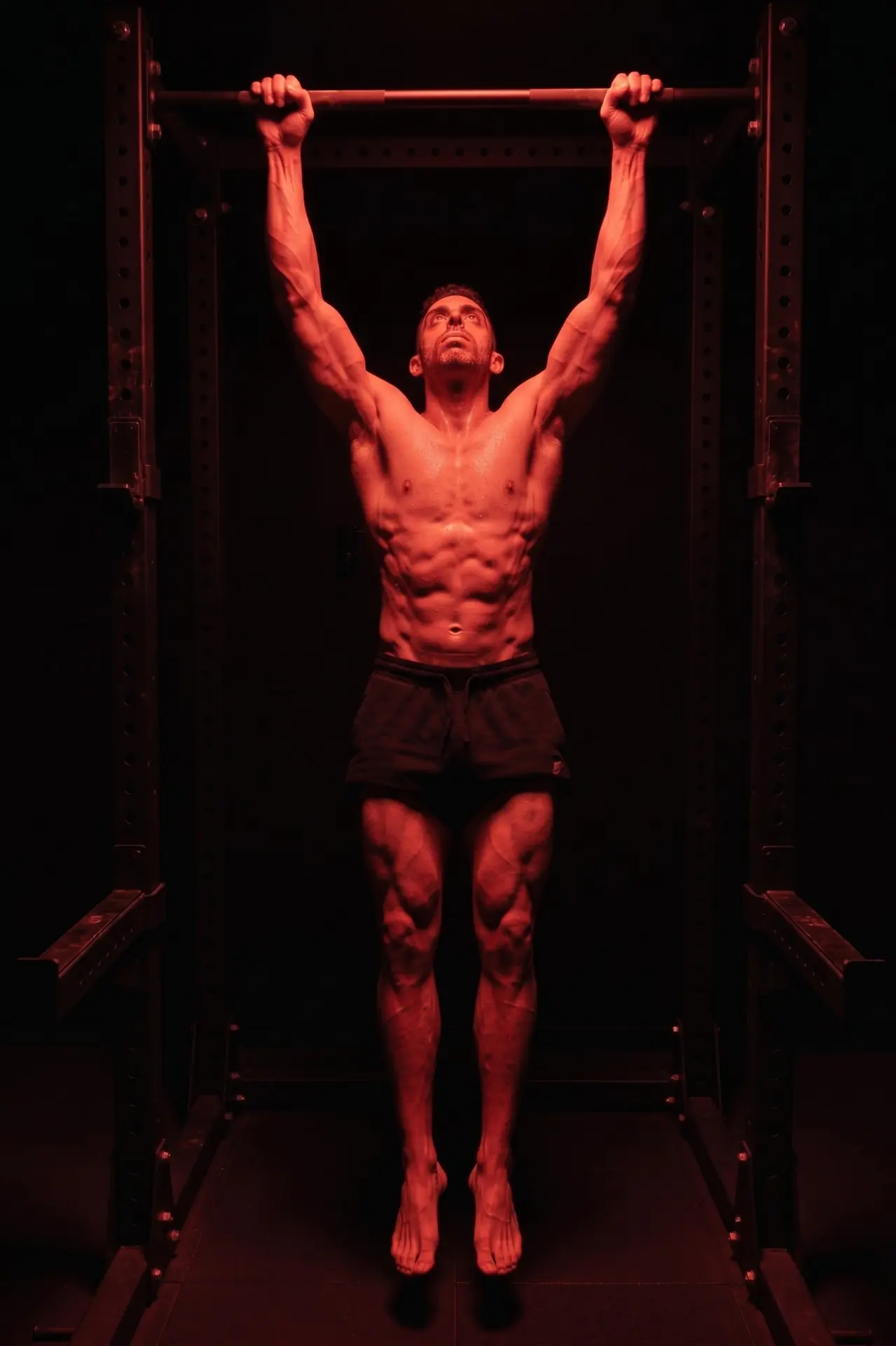 Adam hanging from a pull-up bar under red light