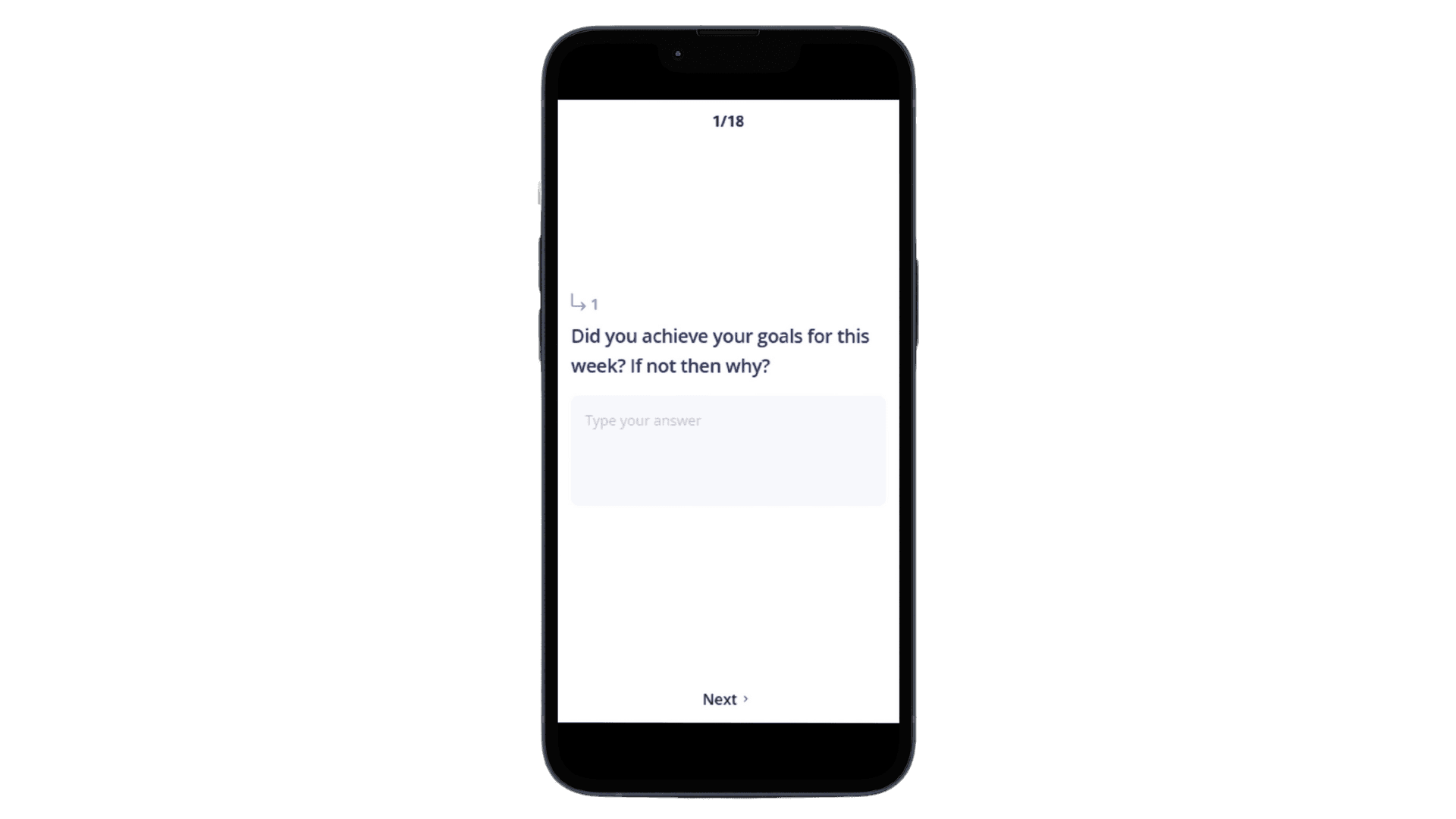 Smartphone screen displaying a question about achieving weekly goals with an answer input field.