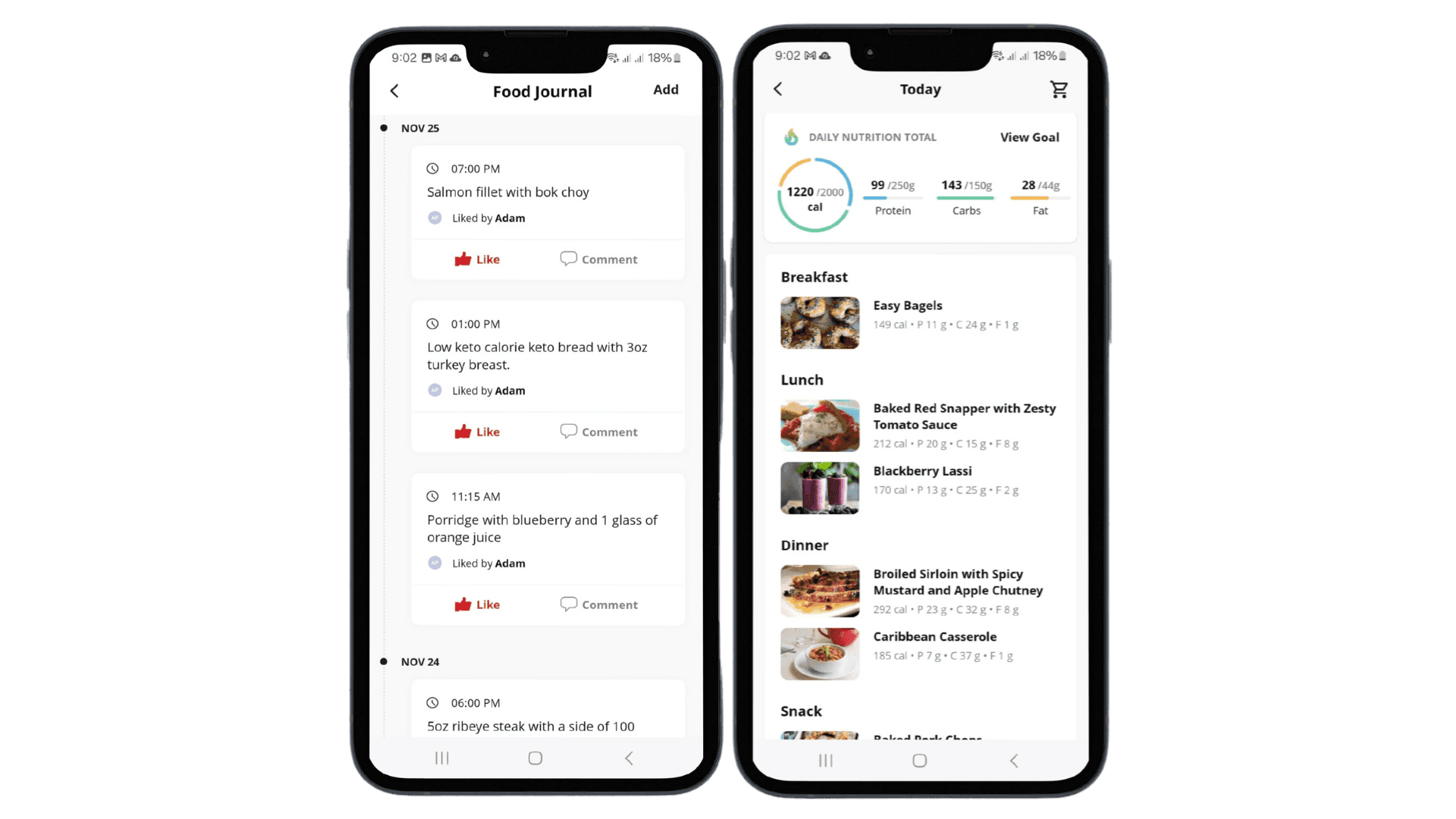 Two mobile phones displaying a food journal and daily nutrition summary with meal details.