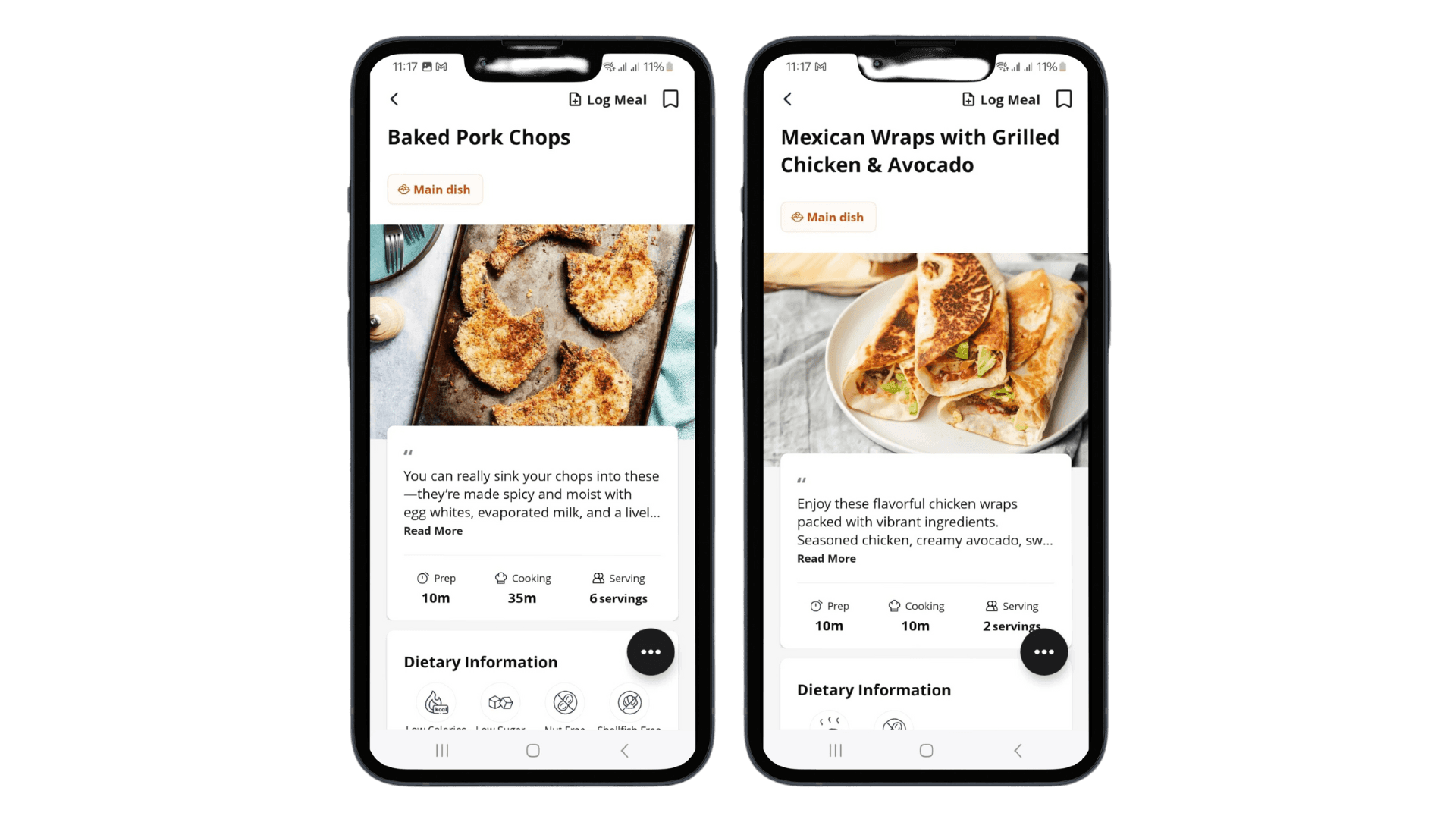 Two smartphone screens displaying recipes for baked pork chops and Mexican chicken wraps with cooking details.