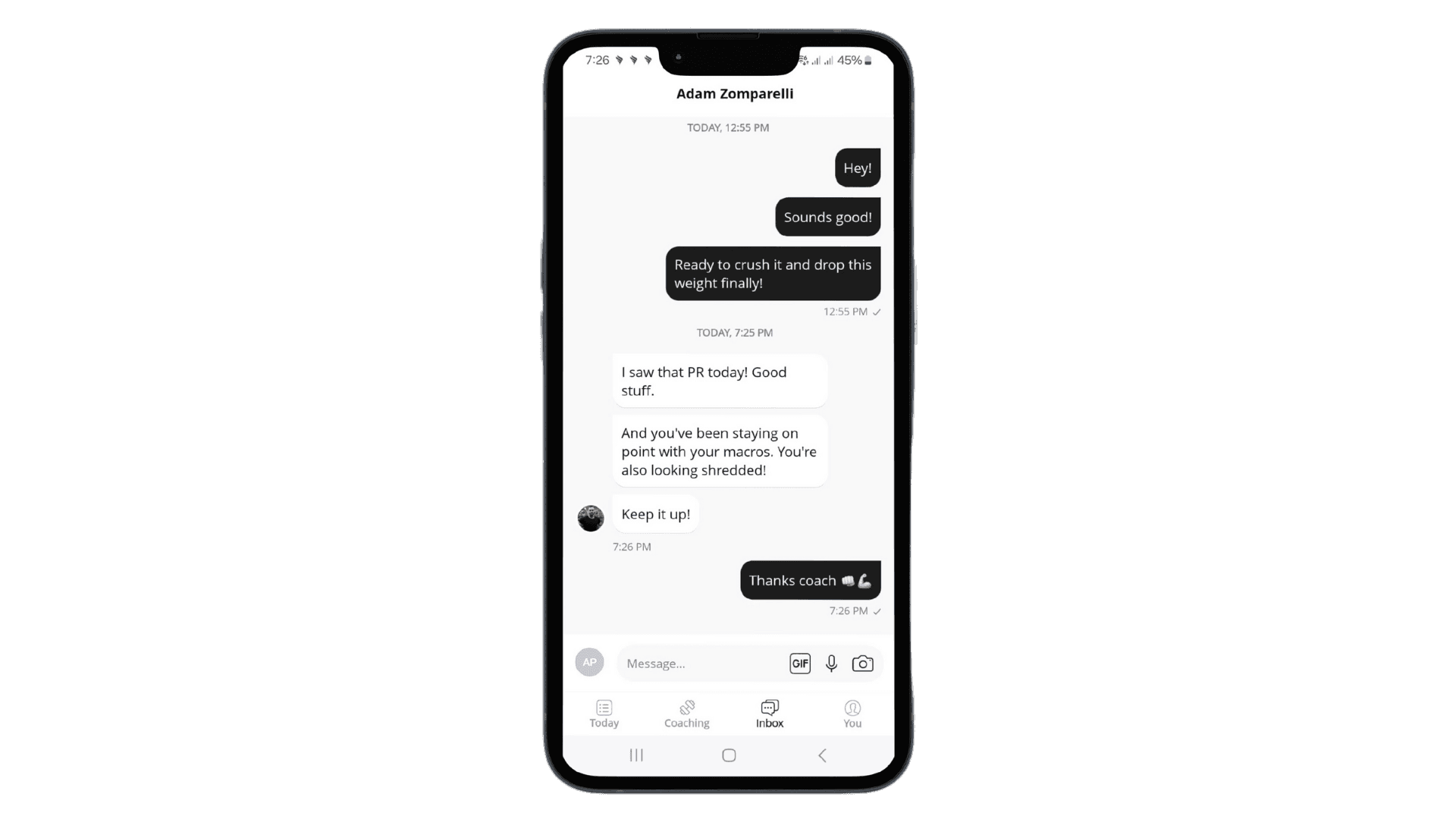 Smartphone displaying a motivational chat conversation about fitness progress and goals.