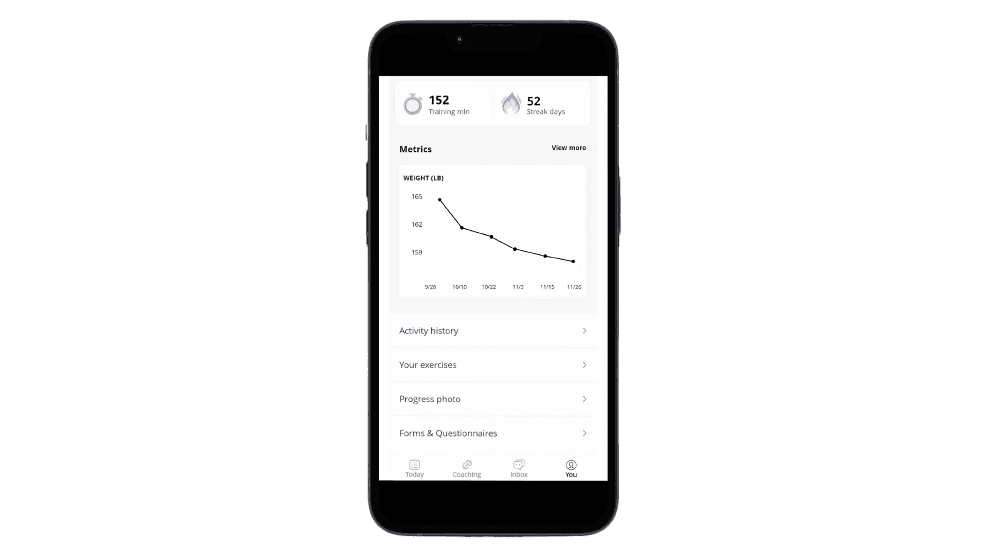 Smartphone screen displaying a fitness app with a weight graph and activity history options.