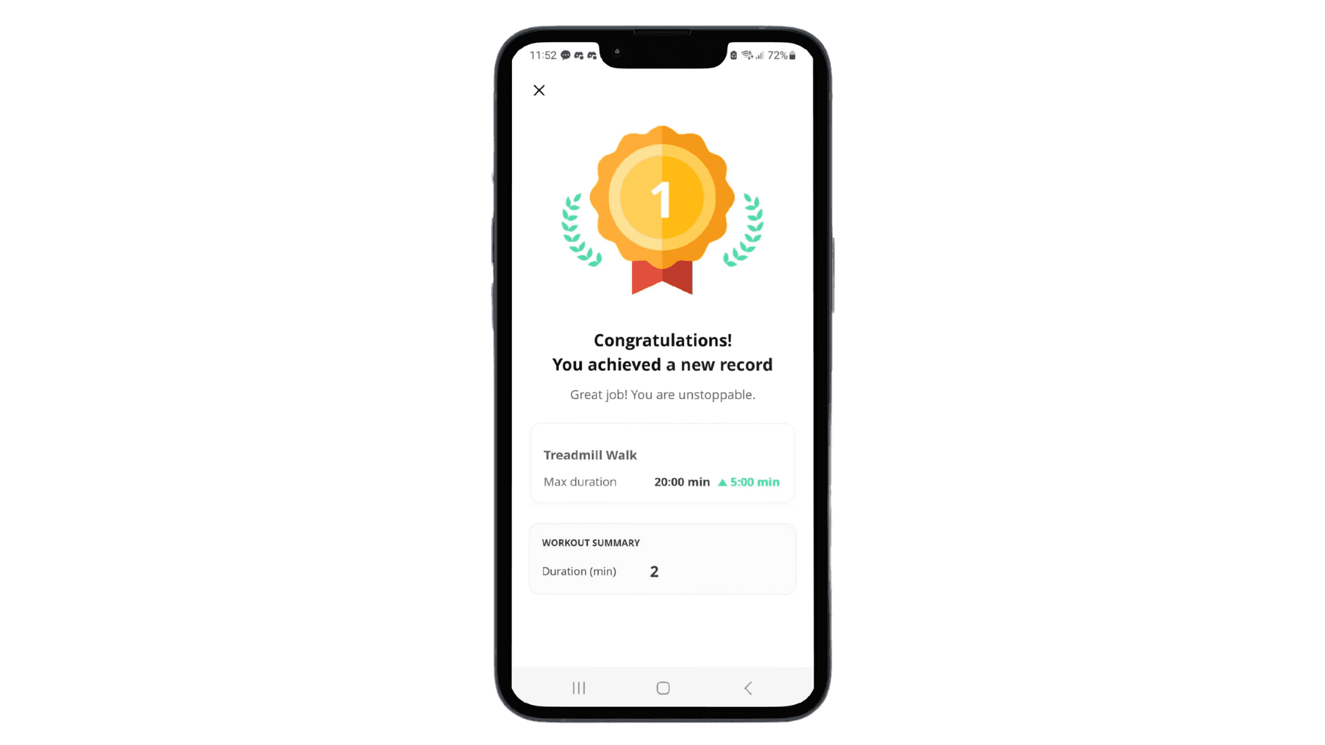 Smartphone screen showing a new record achievement in treadmill walk with a duration of 20 minutes.