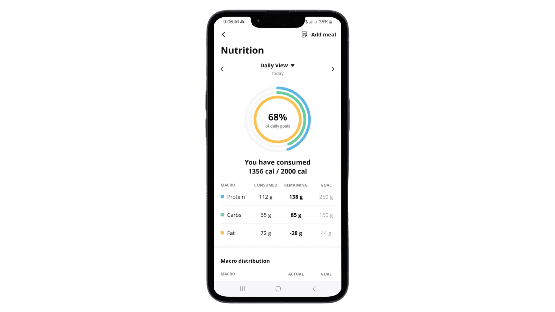 Smartphone screen displaying nutrition app with daily calorie and macro intake progress.